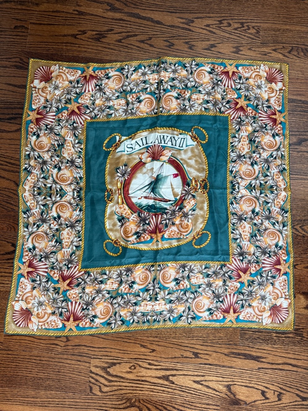Nautical Sailaway Silk Scarf in Teal, Gold & Coral